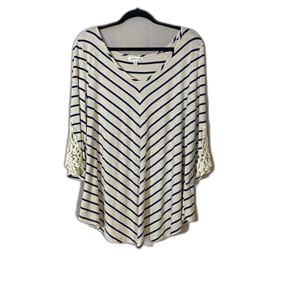 Roommates 1X Ivory Navy Stripe Crochet Sleeve Knit Top Plus Size Rayon